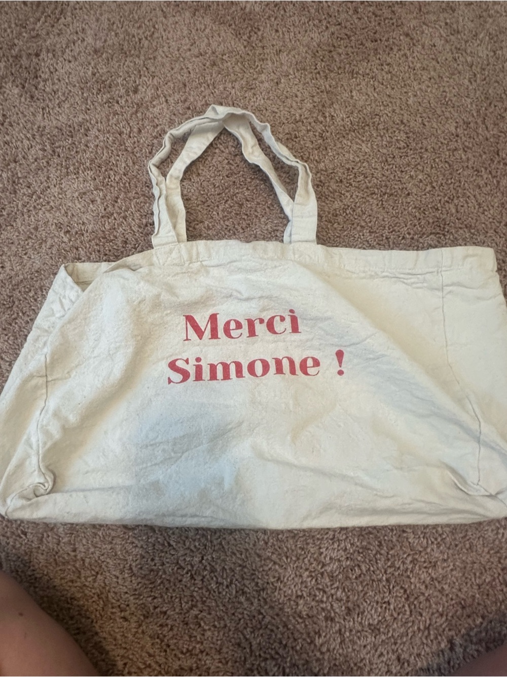 Source Unknown Cream Canvas Tote with Red "Merci Simone!" Print